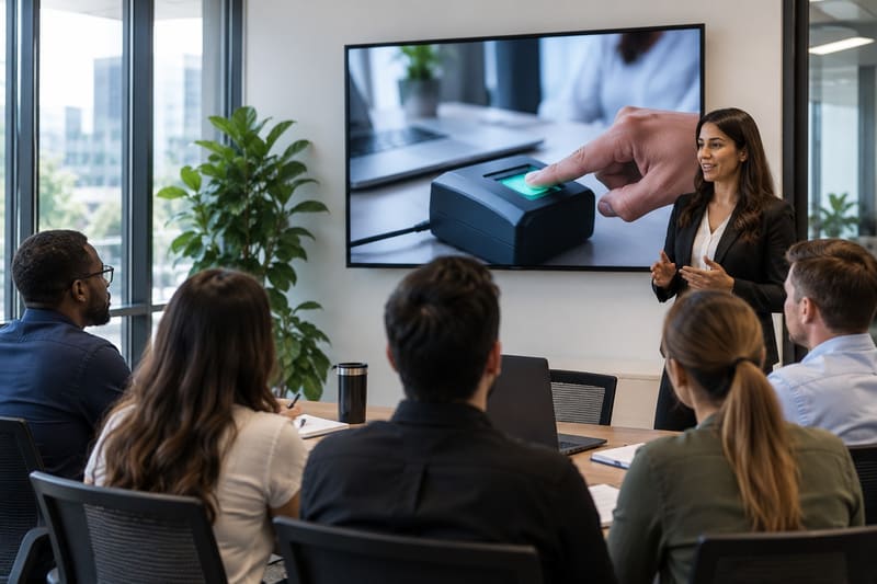 A technician explaining fingerprint capture to a group of new hires