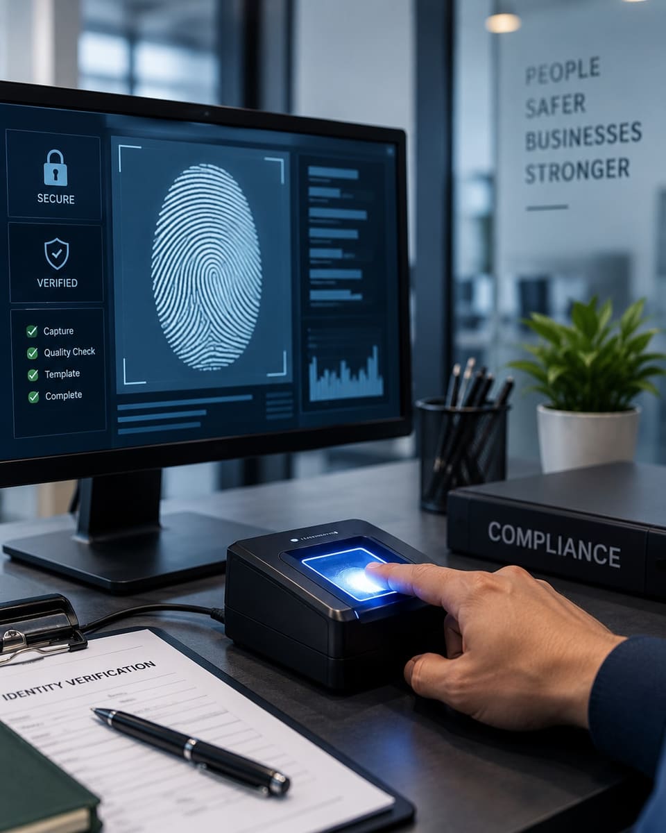 A hand rests on a digital fingerprint scanner while the screen behind it shows the captured print