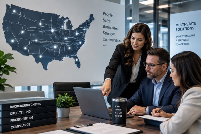 A small team reviewing onboarding paperwork at a laptop
