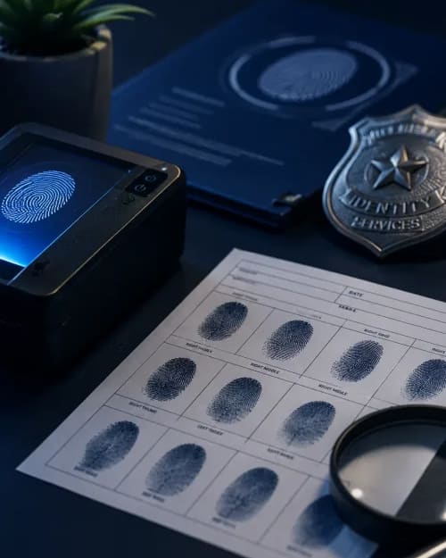 A completed ink fingerprint card beside a digital fingerprint scanner