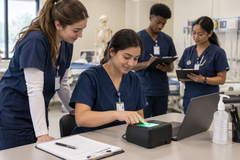 Health sciences students working with an anatomical model