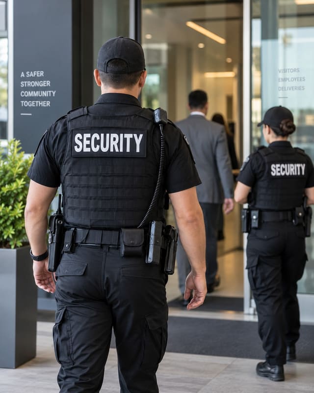 A security officer in a high-visibility vest