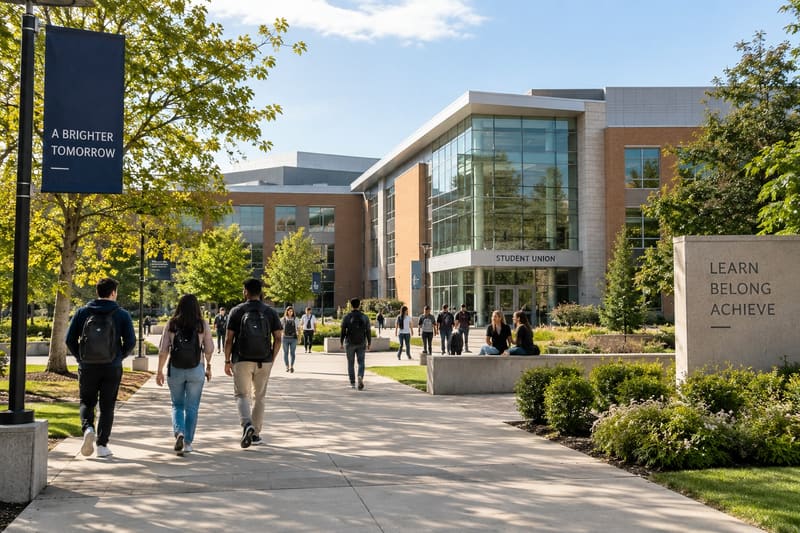 Students walk along a campus path toward a modern university building
